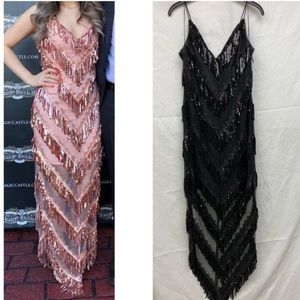 Black AIDAN MATTOX BLACK sequins sleeveless FRINGE V GOWN